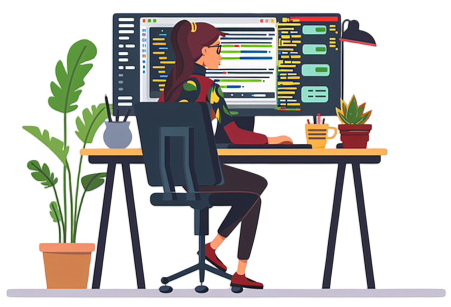 Illustration of a woman coding at a modern desk setup with dual monitors, plants, and coffee